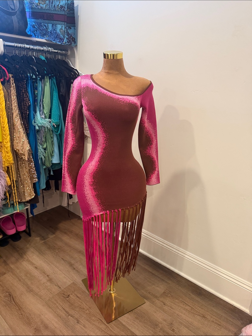Fashion Nova Hot Pink One-Shoulder Fringe Bodycon Dress